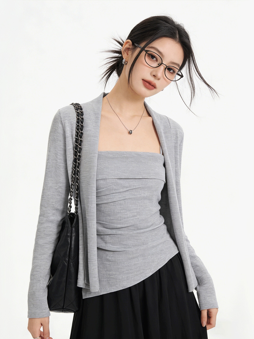 The Korean Lifestyle - Conjunto de Cardigã Curto Tricotado Amigável